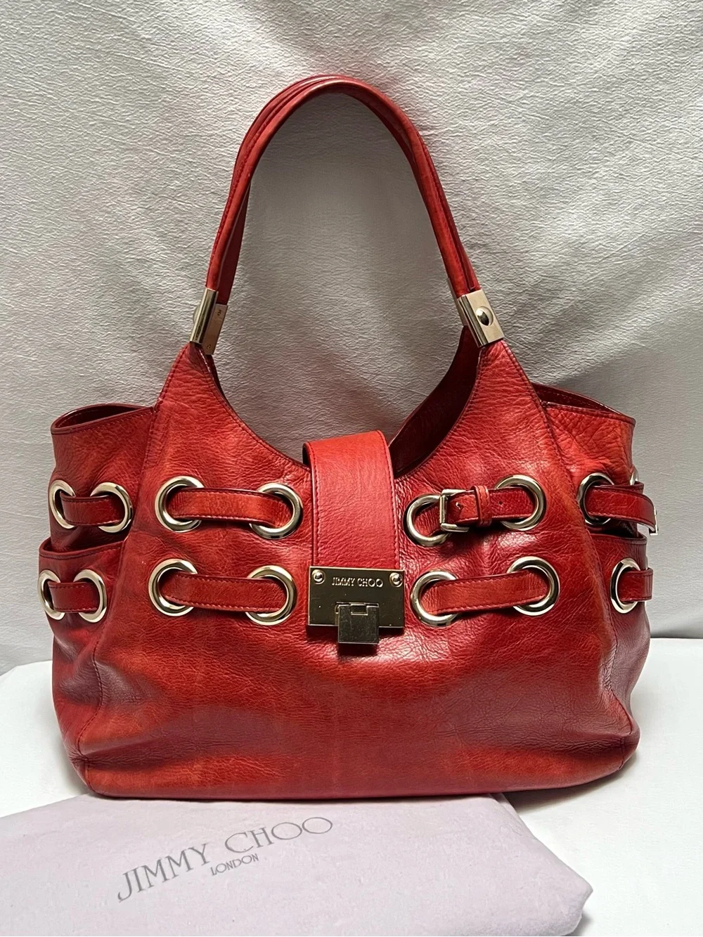 Authentic Red Leather Jimmy Choo Buckle Shoulder Bag With Dust Bag
